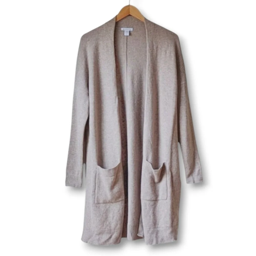 Athleta Cashmere Wool Blend Oversized Side Slit Open Front Cardigan Taupe sz S